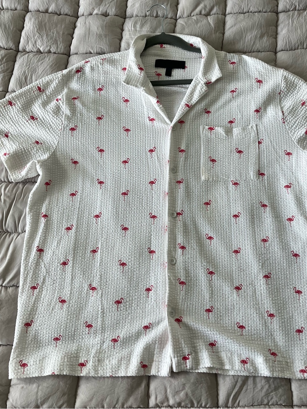White Short-Sleeve Button-Up Shirt with Pink Flamingo Print